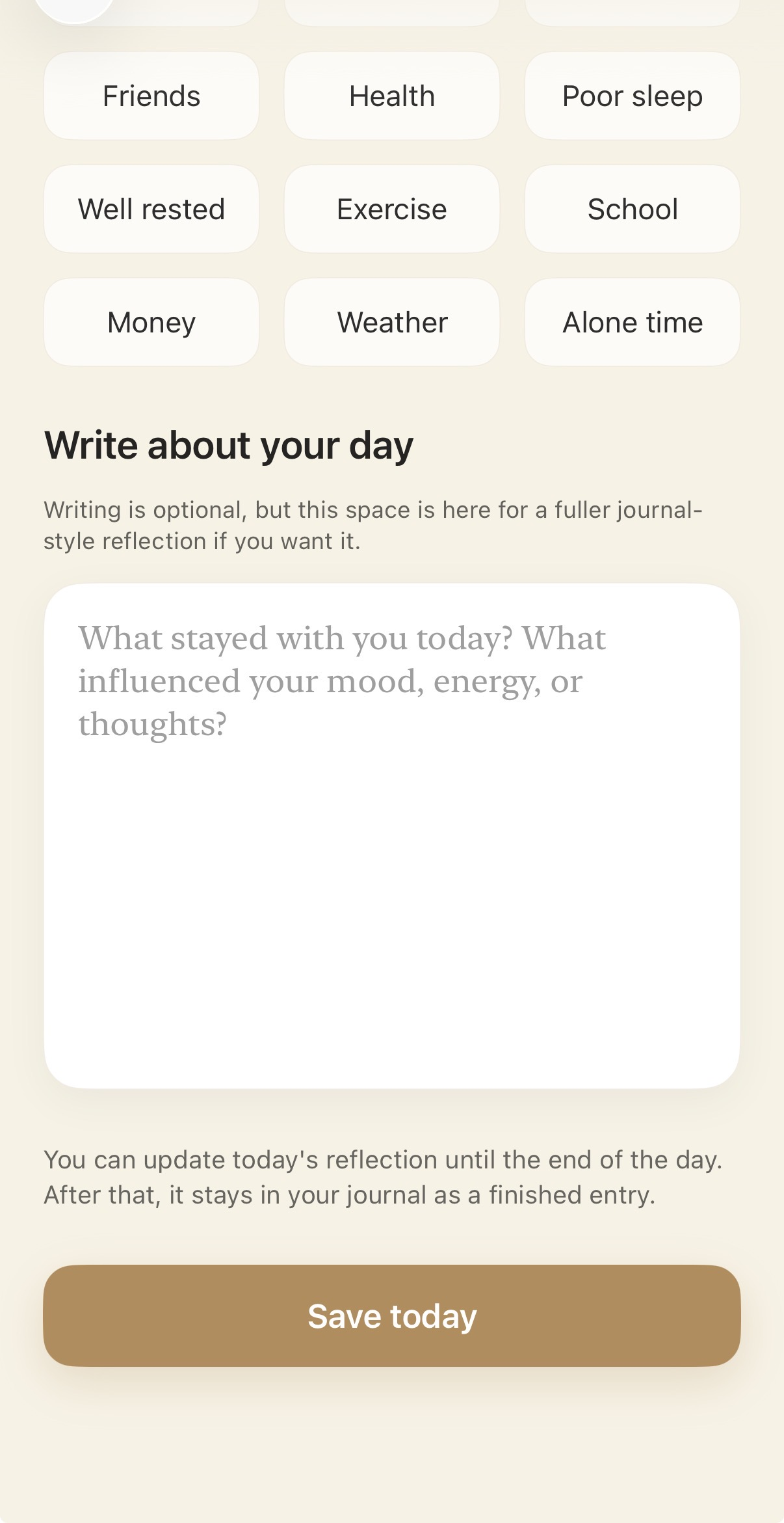 Mood journal tags and reflection screen
